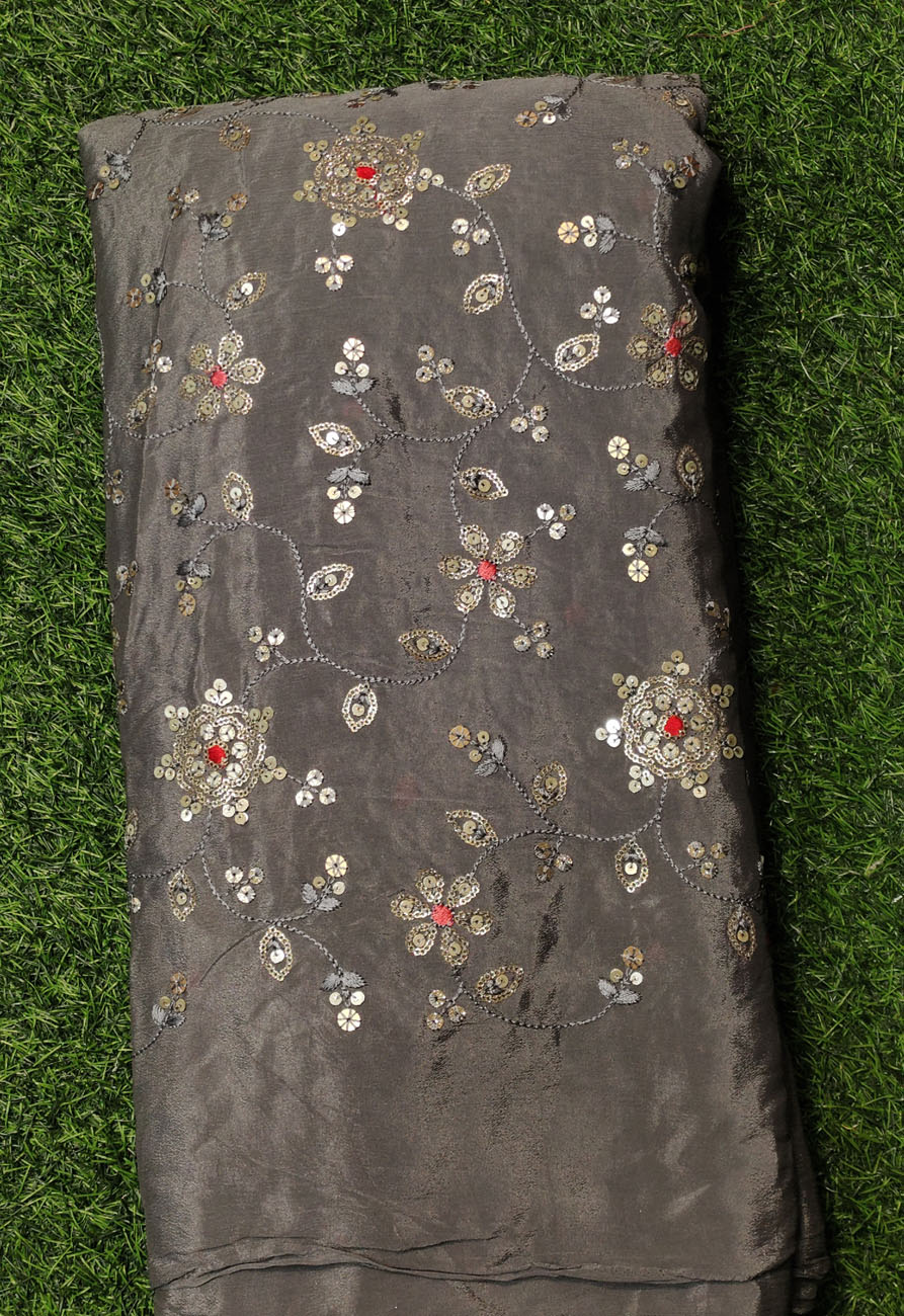 Dazzling Dark Brown Chiffon Fabric With Chinnon Work