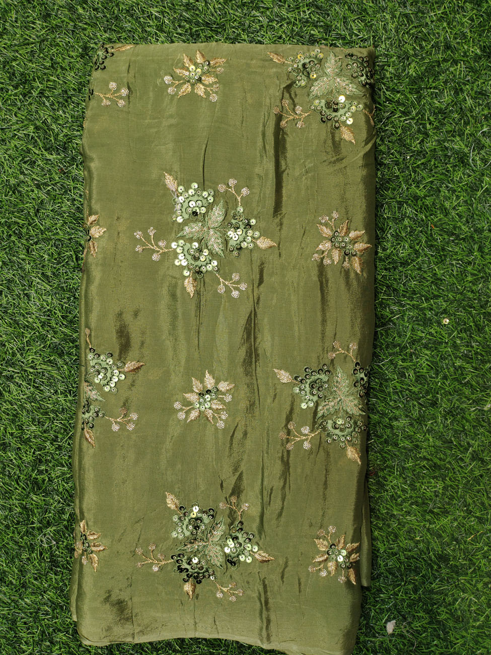 Dark Green Chiffon Fabric With Chinnon Work