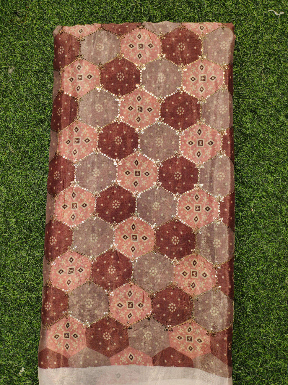 Brown Chiffon Chinnon Printed Work Fabric