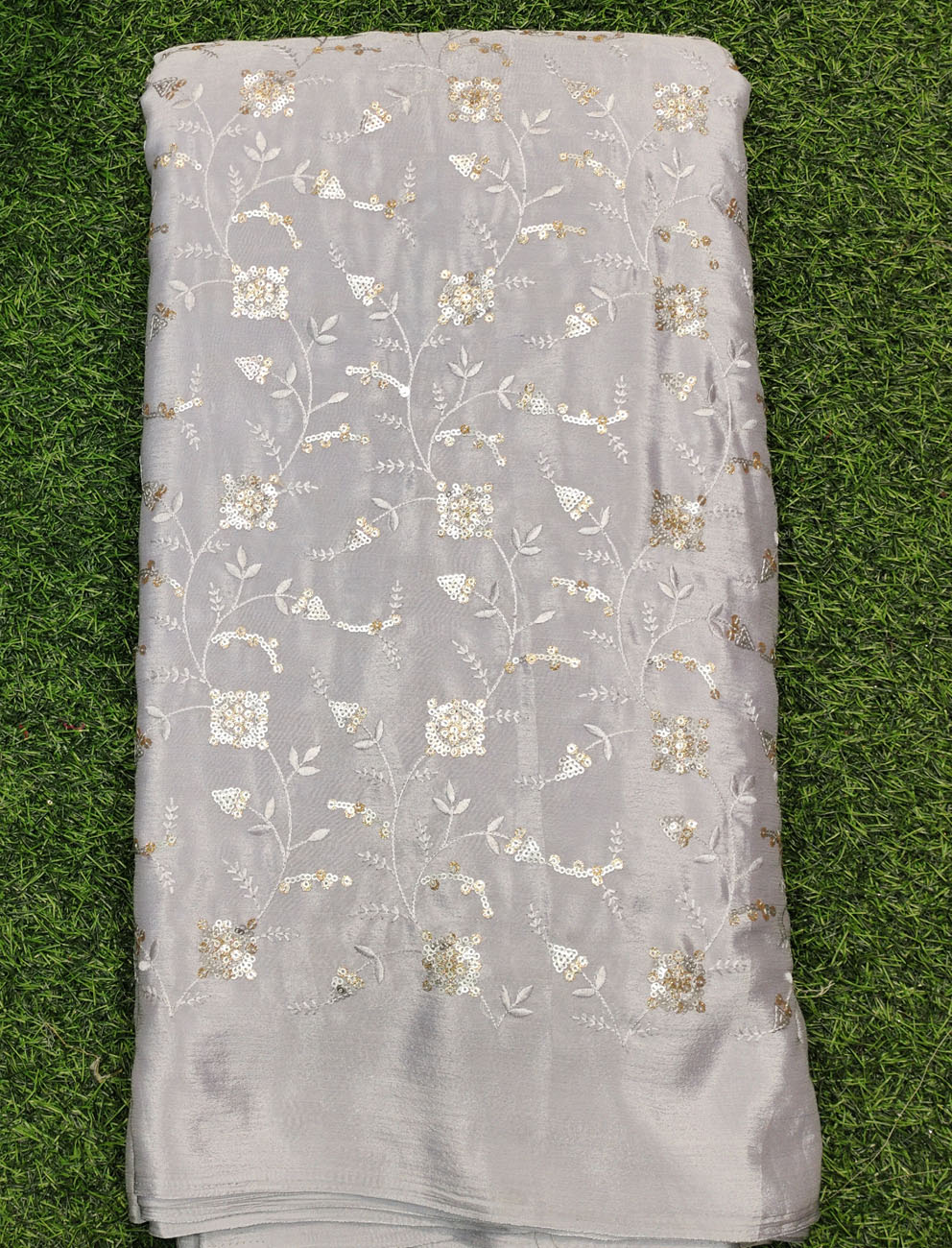 Silver Semi Chinnon Work Chiffon Fabric