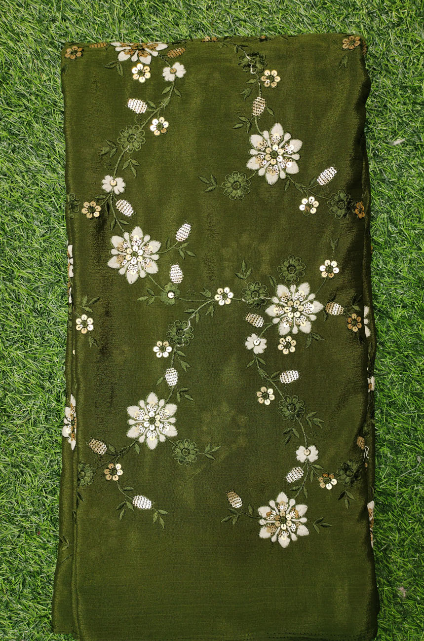 Green Semi Chinnon Work Chiffon Fabric