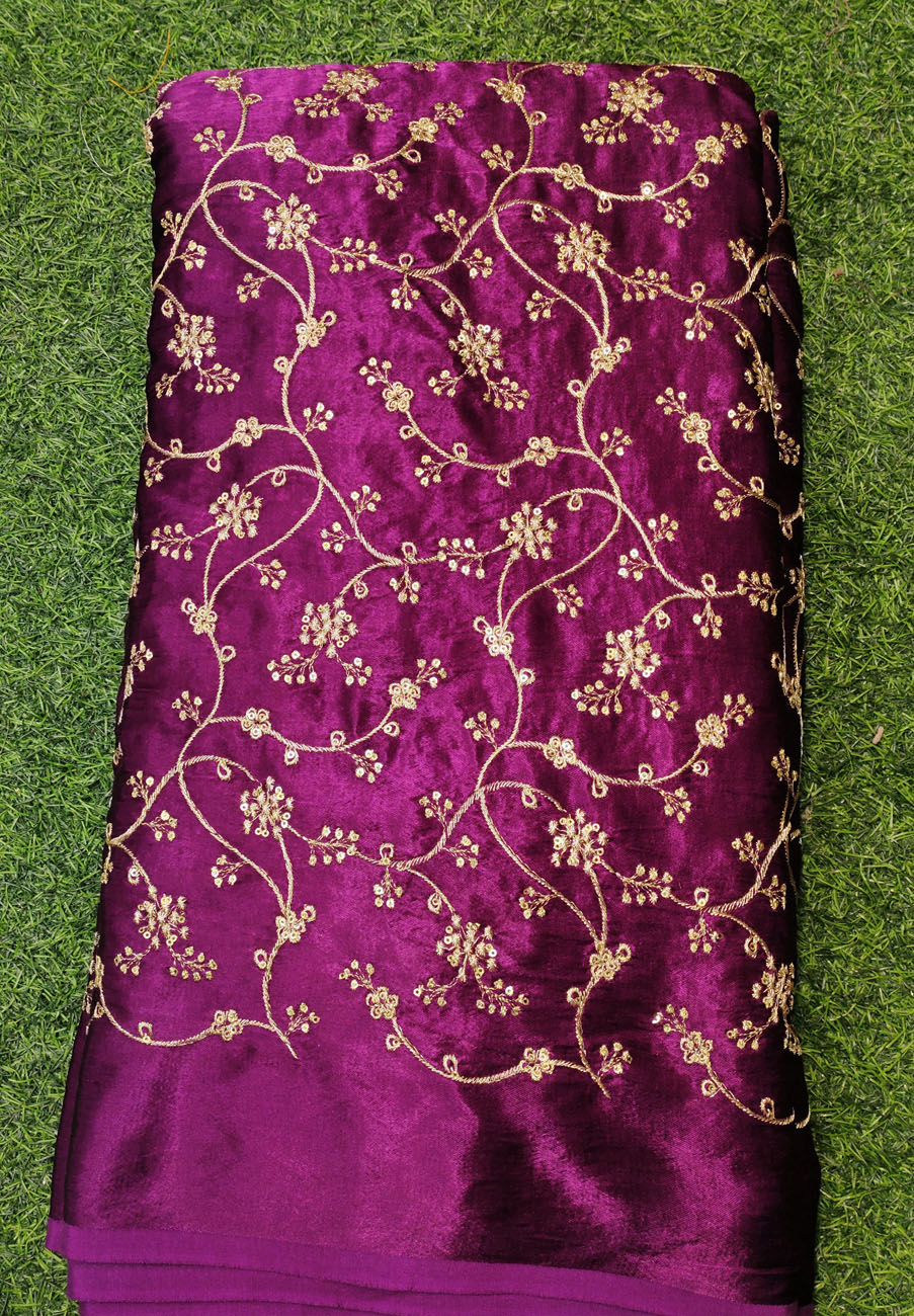 Violet Gaji Silk With Color Gaji Work Fabric