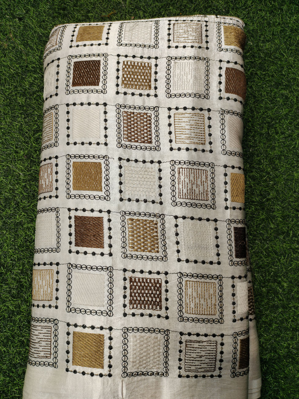 White Gaji Silk With Color Gaji Work Fabric