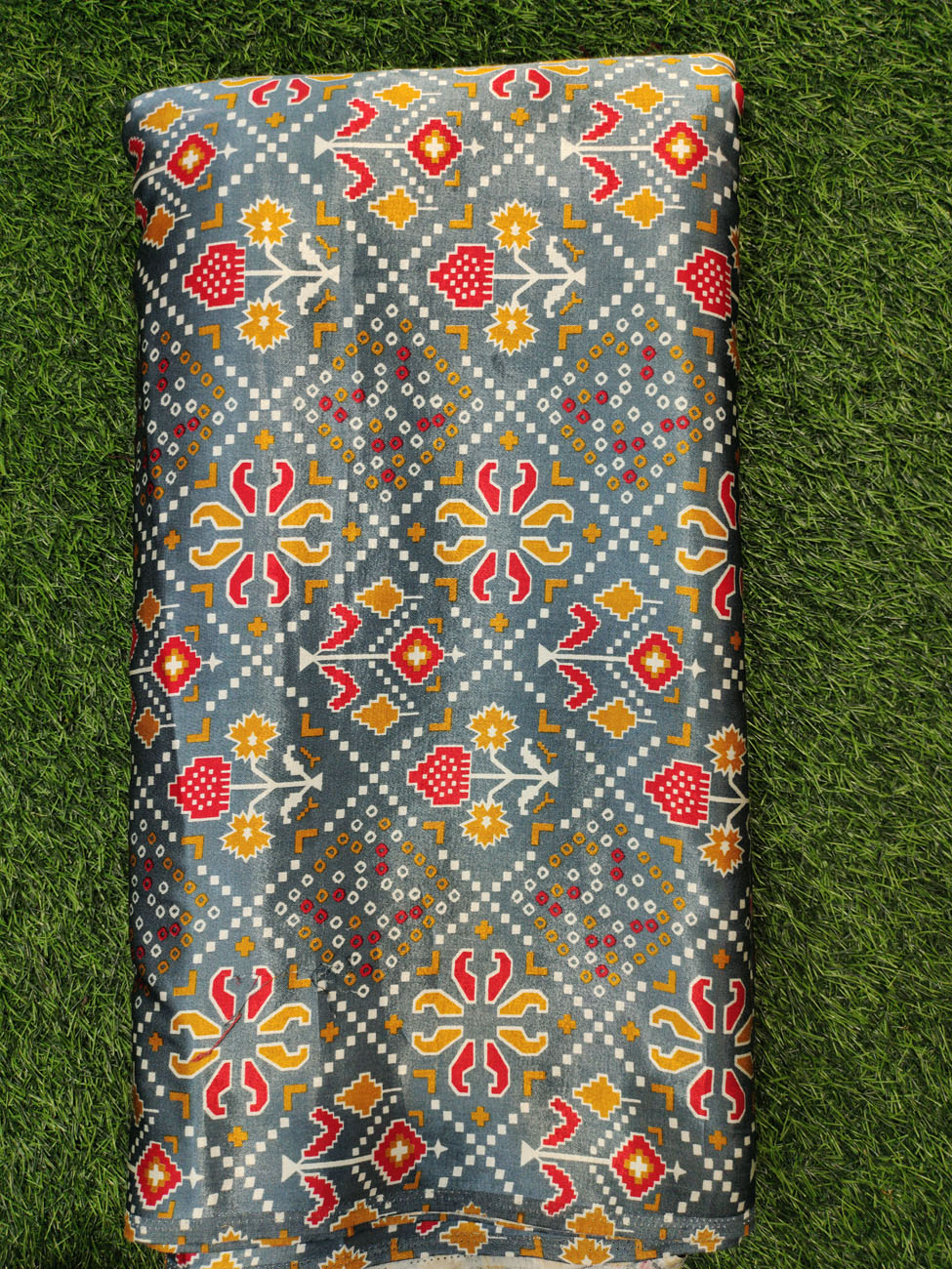 Grey Gaji Silk With Gaji Table Print Fabric