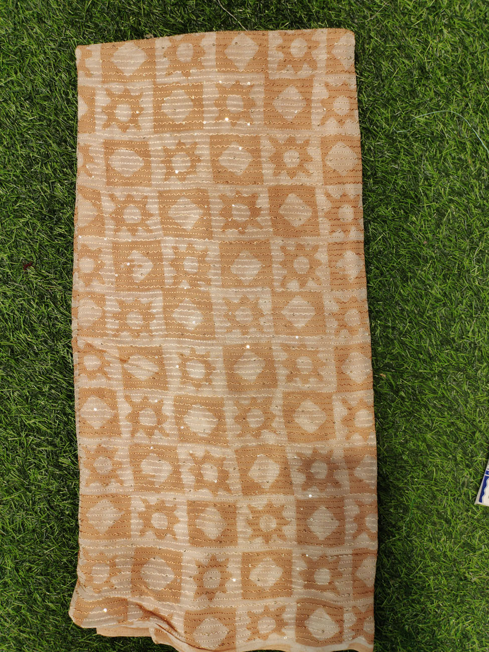 Lustry Light Orange Geogette Fabric With Geo Crochet Baatik Print