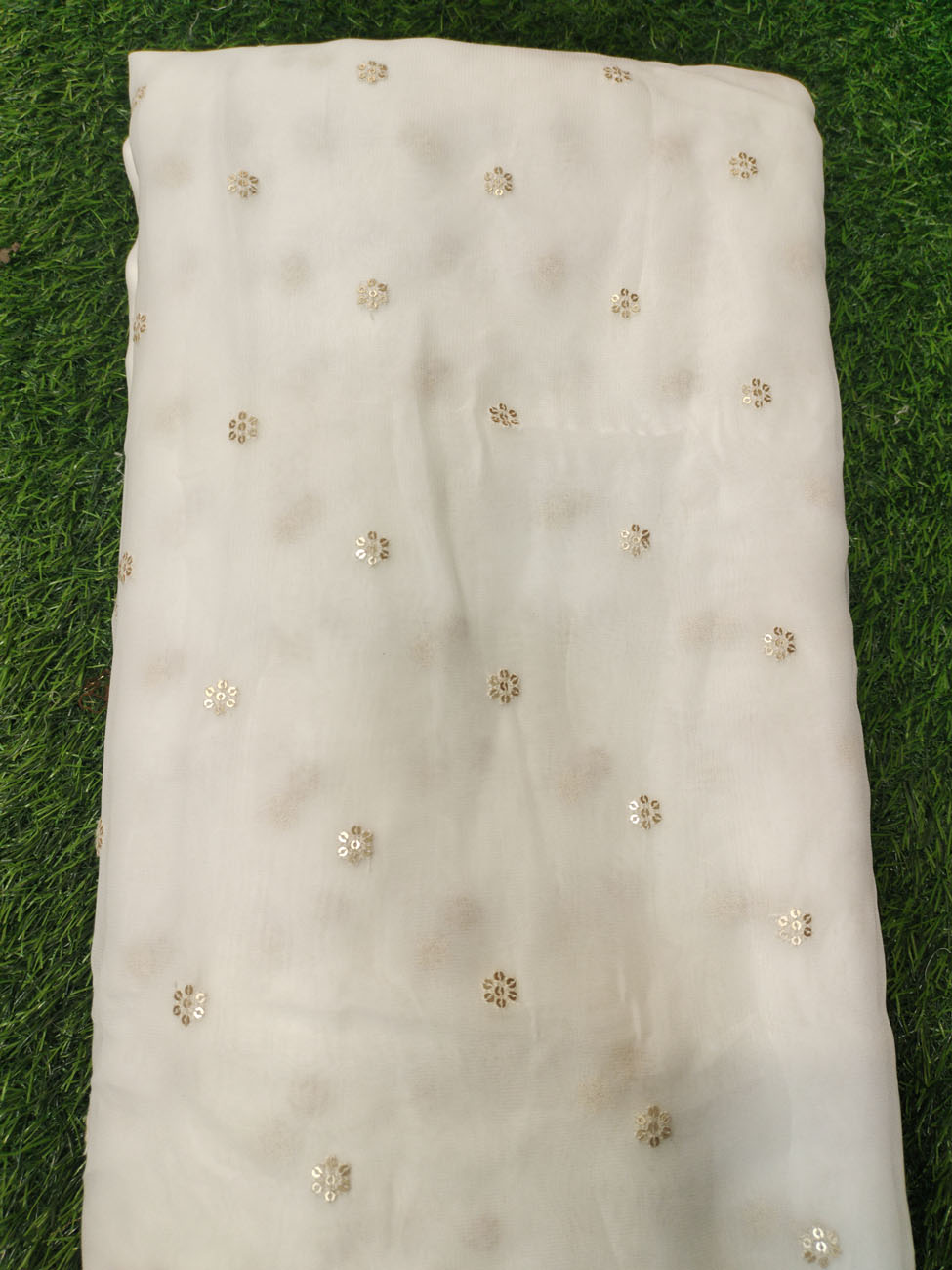 Decent White Georgette Fabric With Geo Dyeable Butti Work