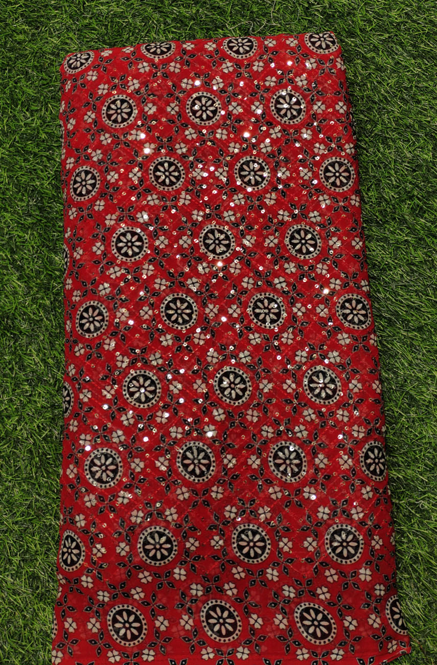 Rusty Red Georgette Fabric With Geo Print