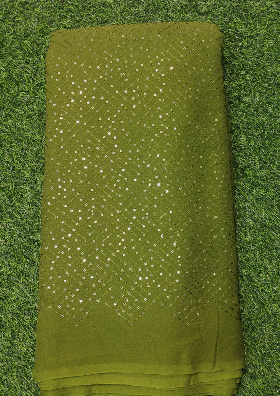 Mehendi Green Georgette Fabric With Marvelous Pure Geo Work