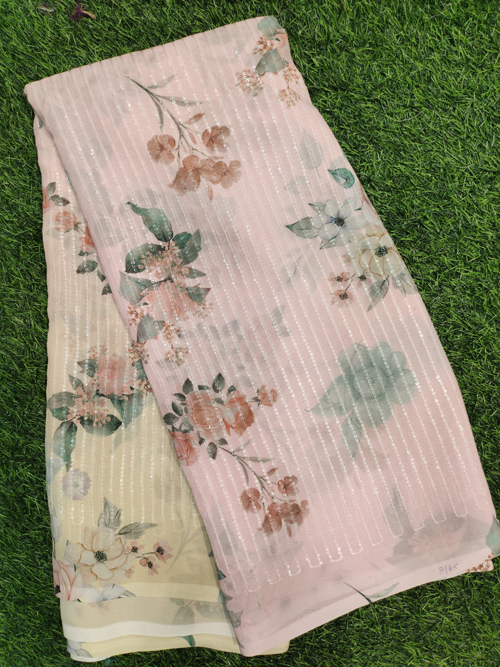 Lustry Peach Georgette Fabric With Polyster Work Print