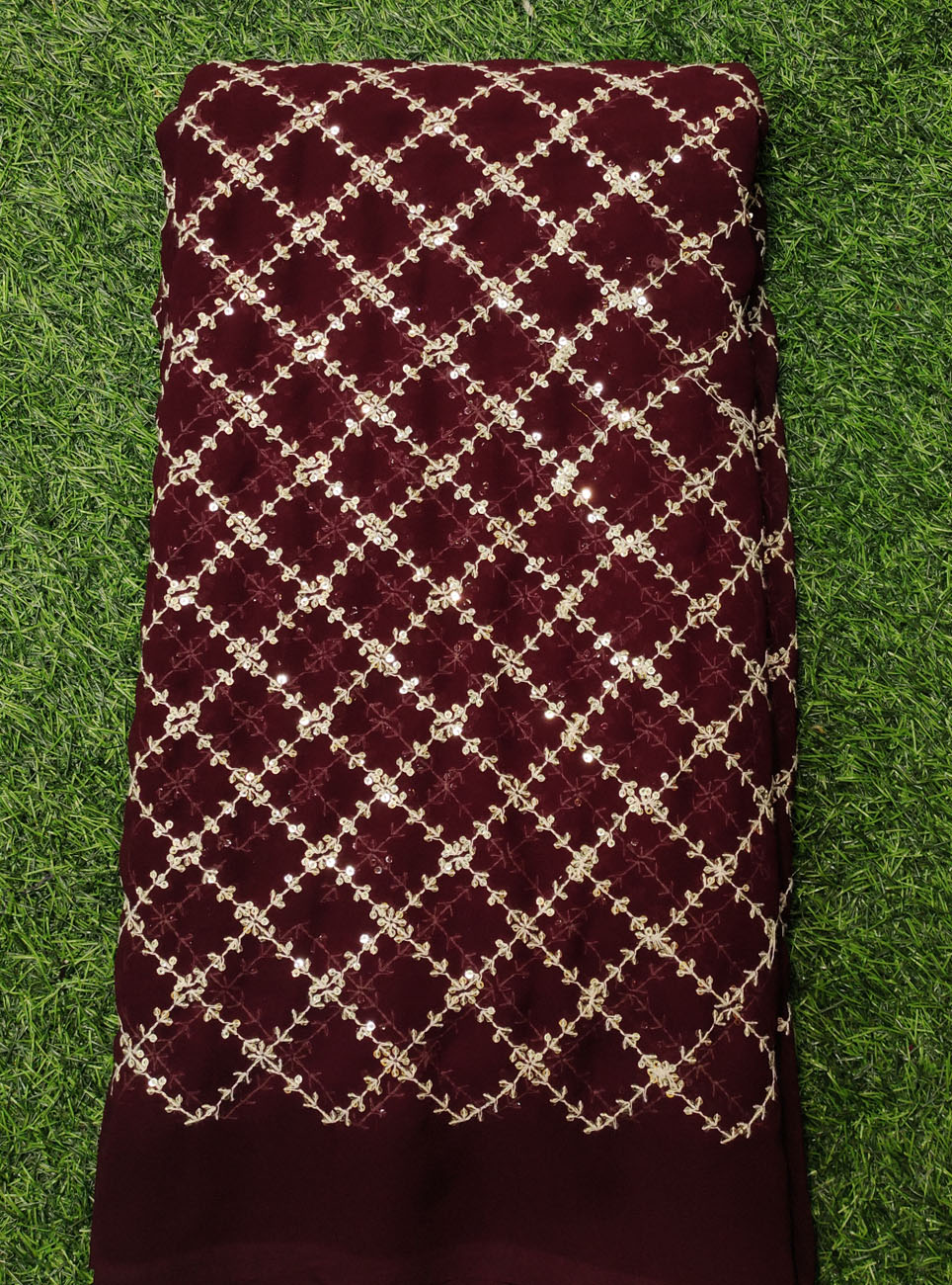 Fabulous Burgundy Georgette Fabric With Semi Geo Work