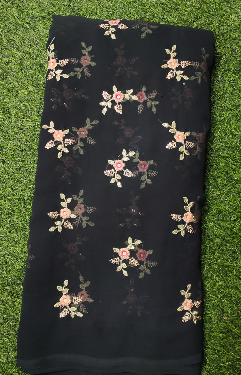 Decent Black Georgette Fabric With Semi Geo Work