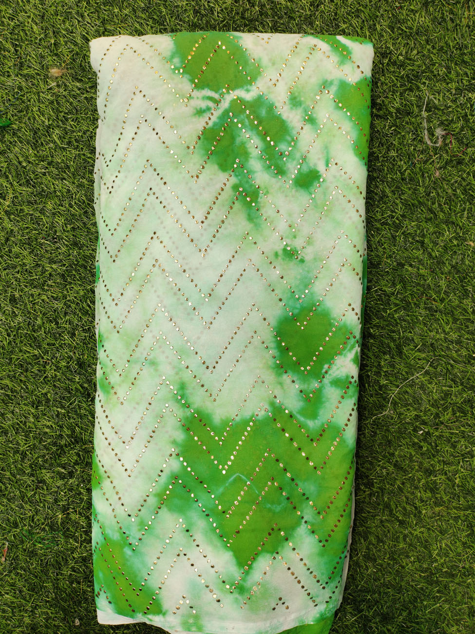 Graftyfying Green Georgette Fabric With Semi Geo Work