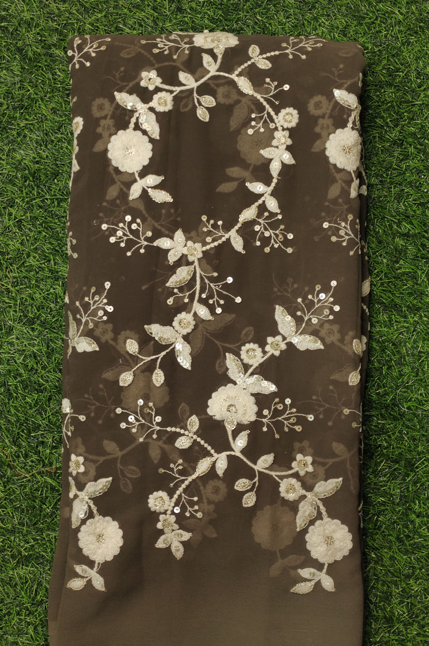 Brown Georgette Fabric With Semi Geo Work