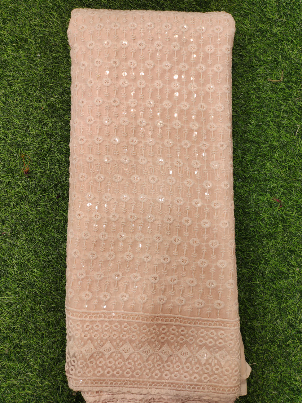 Pink Georgette Fabric With Decent Semi Geo Work