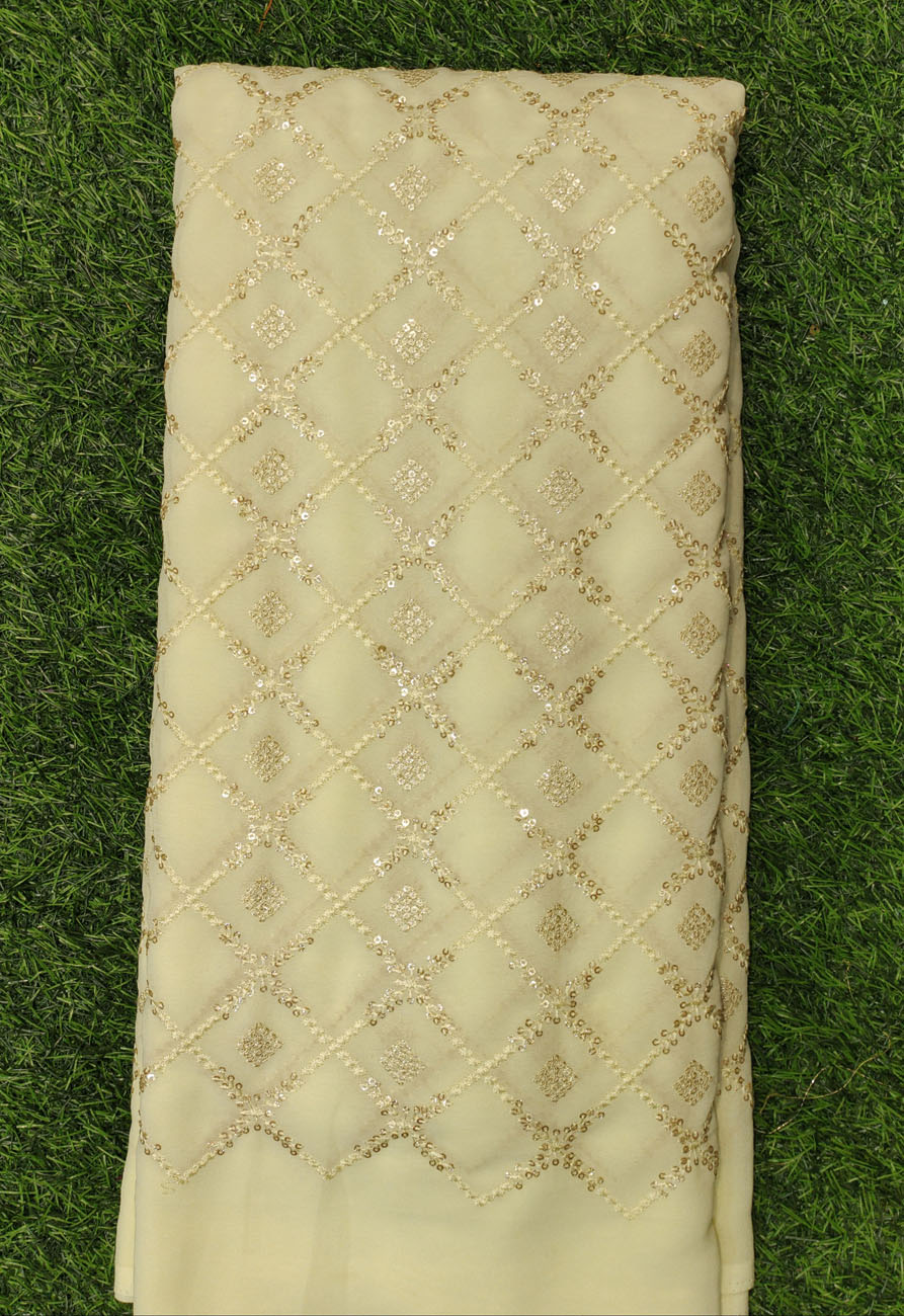 Lustry Light Yellow Georgette Fabric With Semi Geo Work