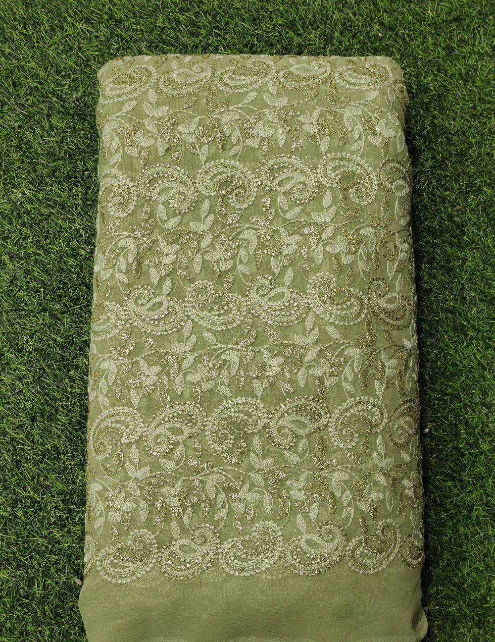 Graftyfying Green Georgette Fabric With Unique Semi Geo Work