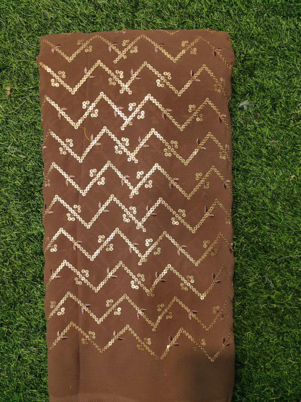 Rusty Brown Georgette Fabric With Semi Geo Work