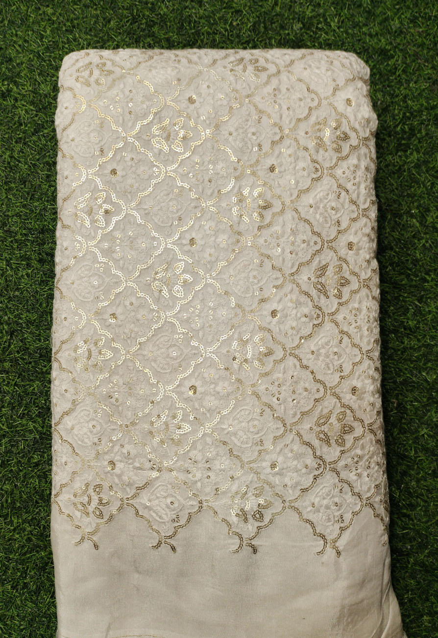 Eyecathing White Lakhnavi Fabric With Flat Lakhnavi Work