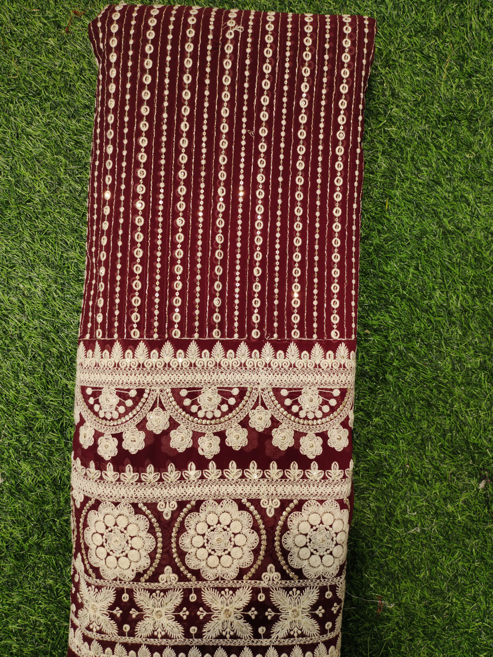 Maroon Lakhnavi Fabric With Fox Panel Lakhnavi Work