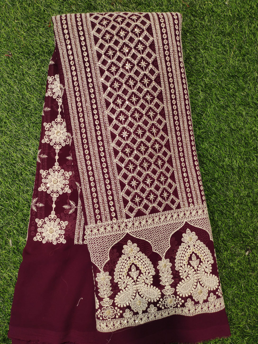 Burgundy Lakhnavi Fabric With Fox Panel Lakhnavi Work