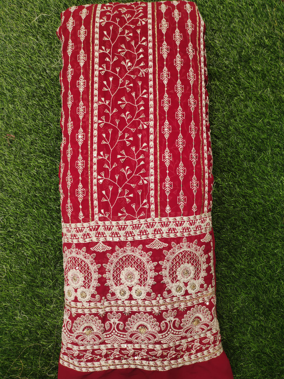 Red Lakhnavi Fabric With Fox Panel Lakhnavi Work