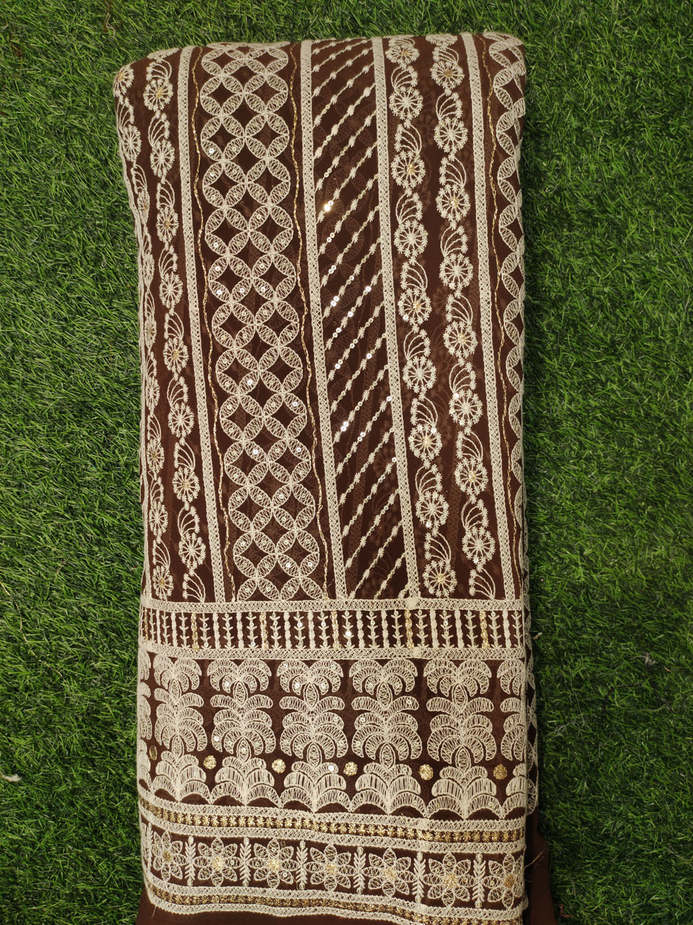 Brown Lakhnavi Fabric With Fox Panel Lakhnavi Work