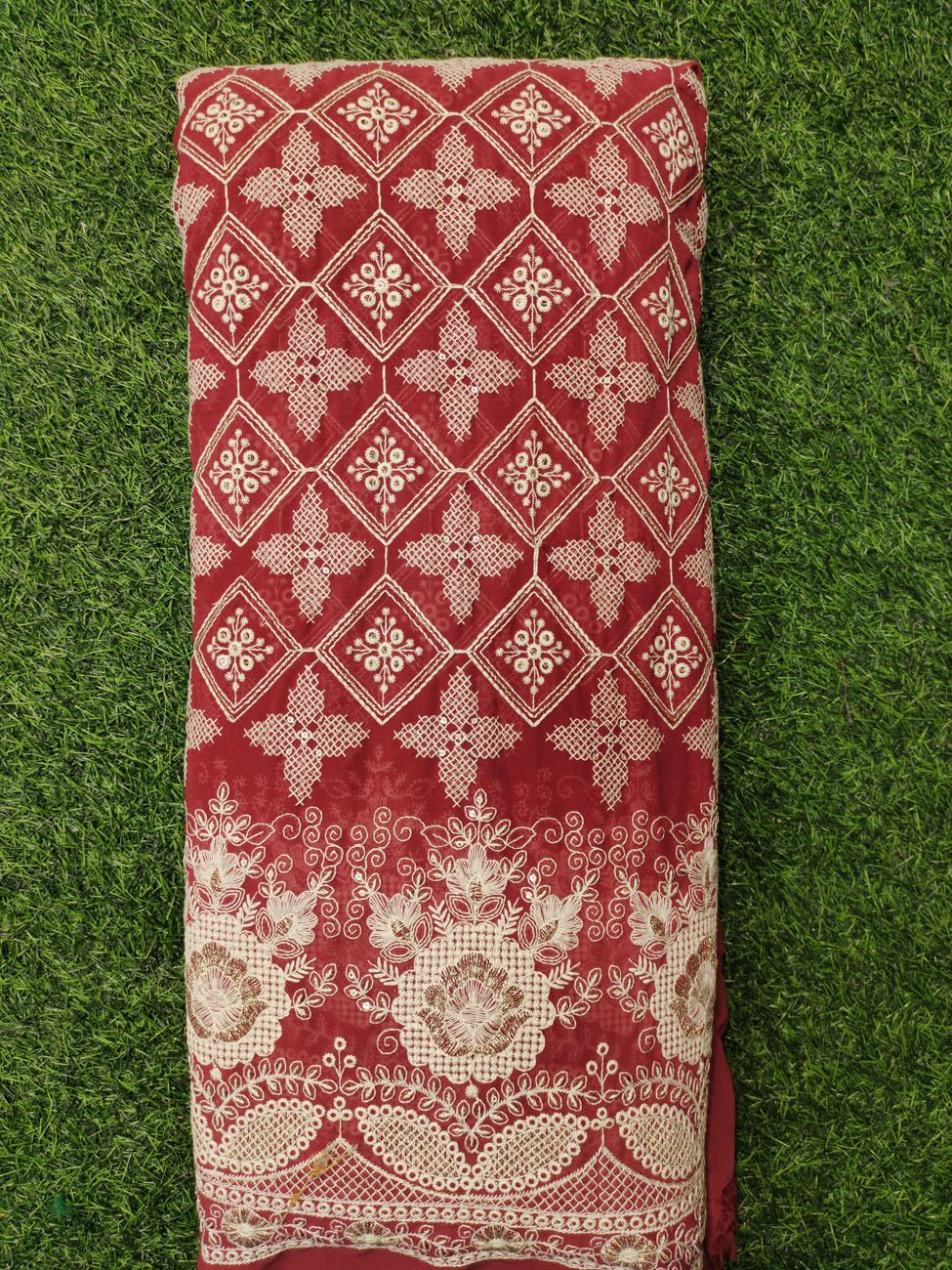 Red Lakhnavi Fabric With Fox Panel Lakhnavi Work