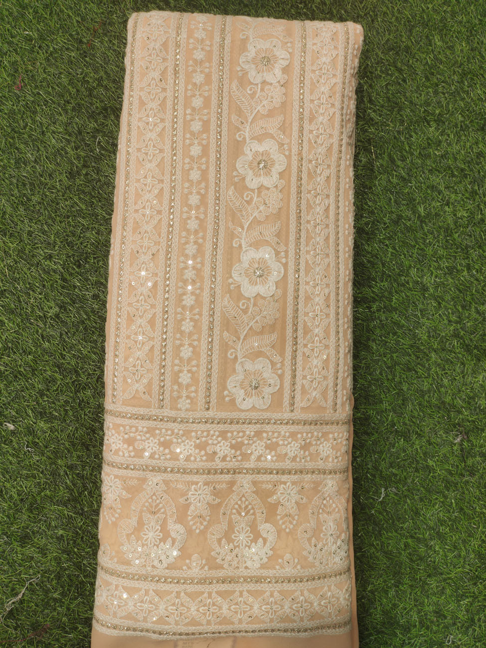 Beige Lakhnavi Fabric With Fox Panel Lakhnavi Work