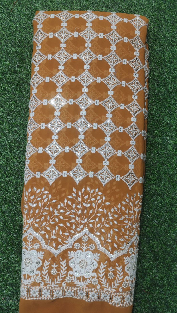 Golden Brown Lakhnavi Fabric With Fox Panel Lakhnavi Work