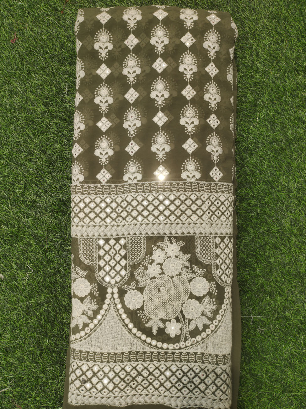 Dark Olive Lakhnavi fabric With Fox Panel Lakhnavi Work