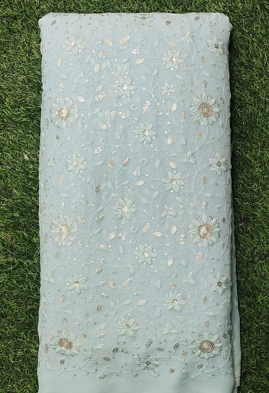 Sky Blue Lakhnavi Fabric With Geo Color Lakhnavi Work