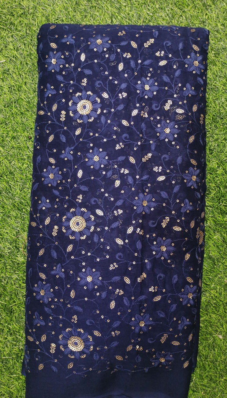 Dark Blue Lakhnavi Fabric With Geo Color Lakhnavi Work