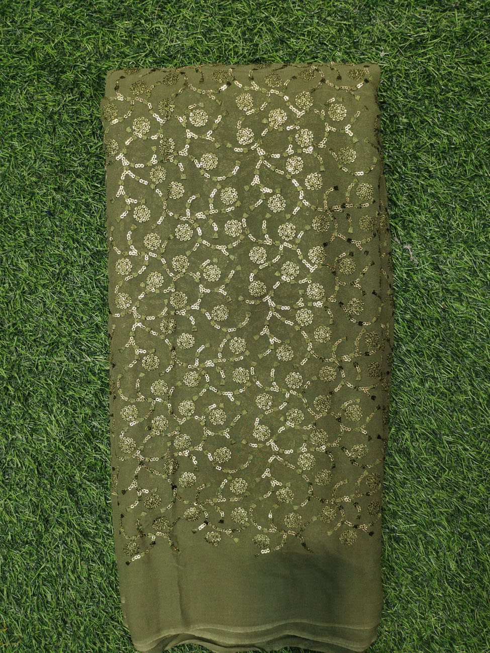 Mehendi Green Lakhnavi Fabric With Geo Color Lakhnavi Work