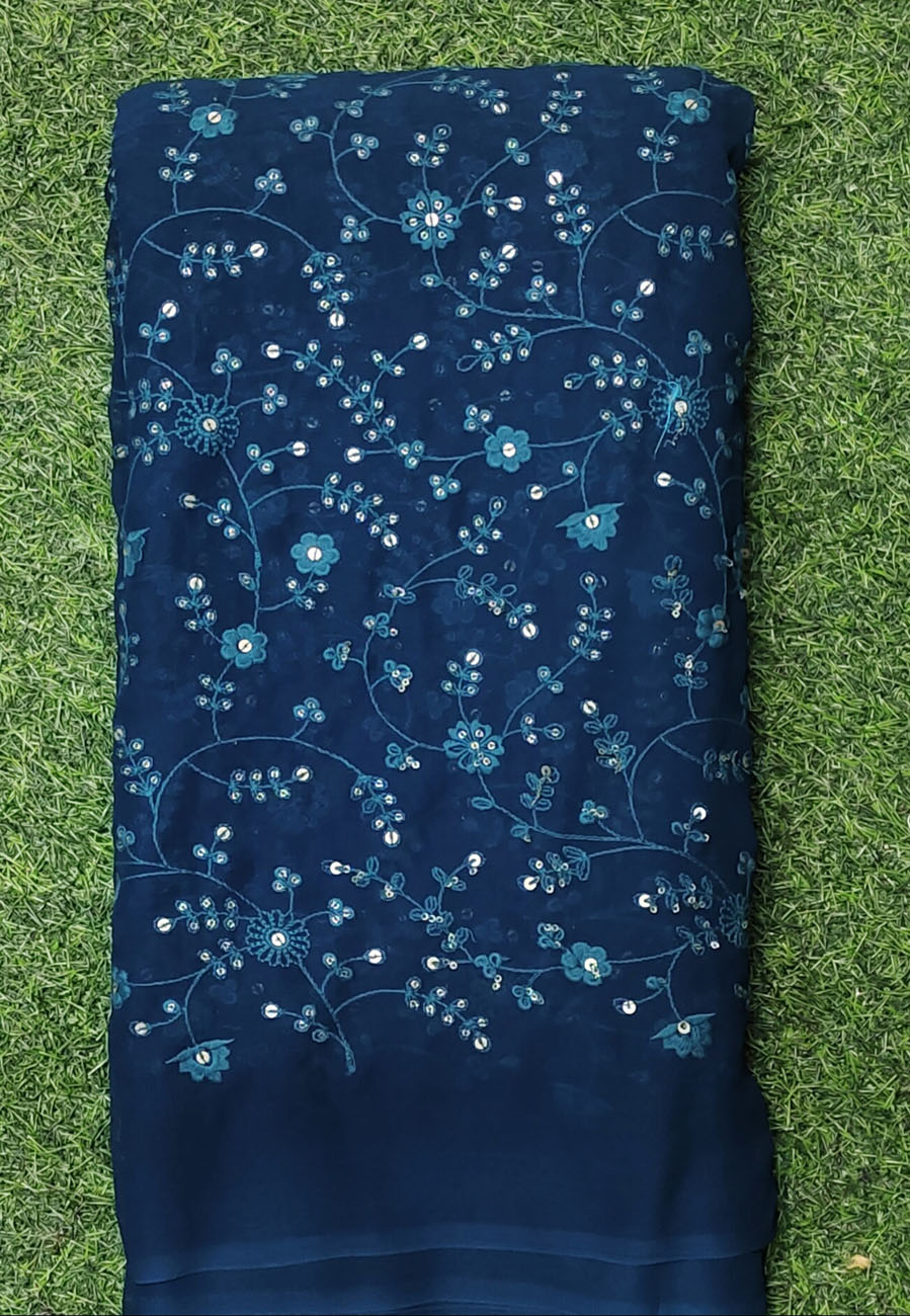 Midnight Blue Lakhnavi Fabric With Geo Color Lakhnavi Work