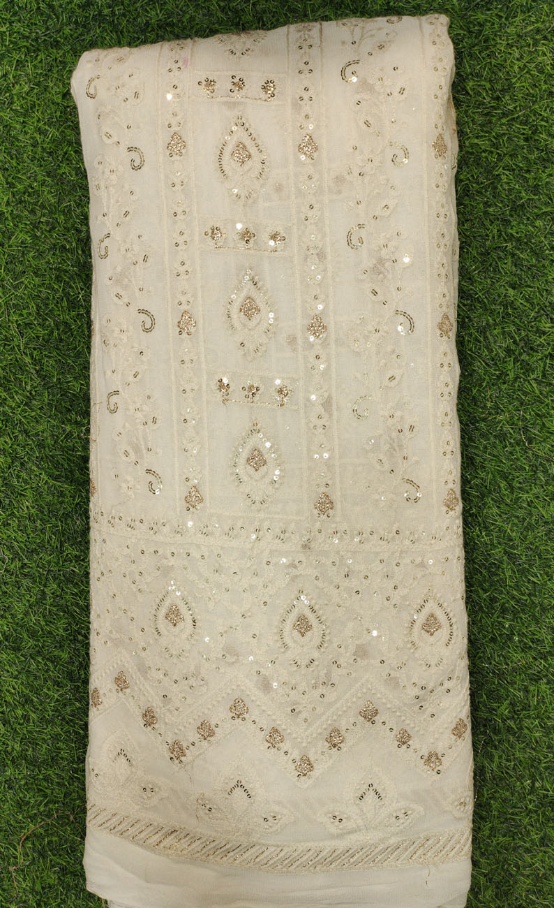 White Lakhnavi Fabric With Geo Lakhnavi Panel Work