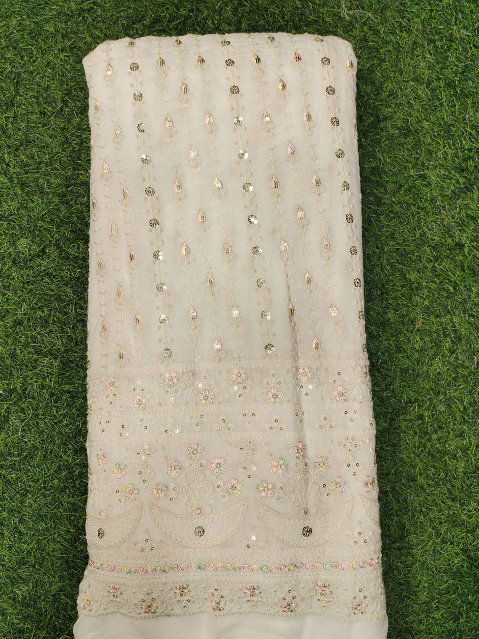 White Lakhnavi Fabric With Geo Lakhnavi Panel Work