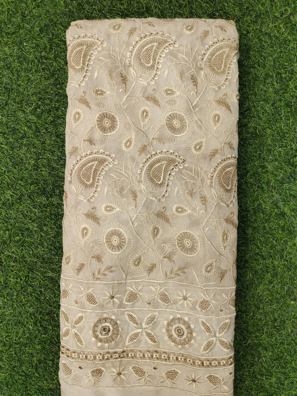 White Lakhnavi Fabric With Geo Lakhnavi Panel Work