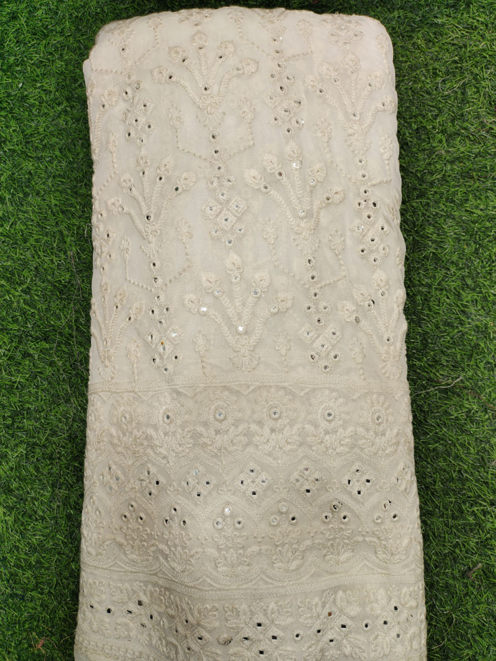 White Lakhnavi Fabric With Geo Lakhnavi Panel Work