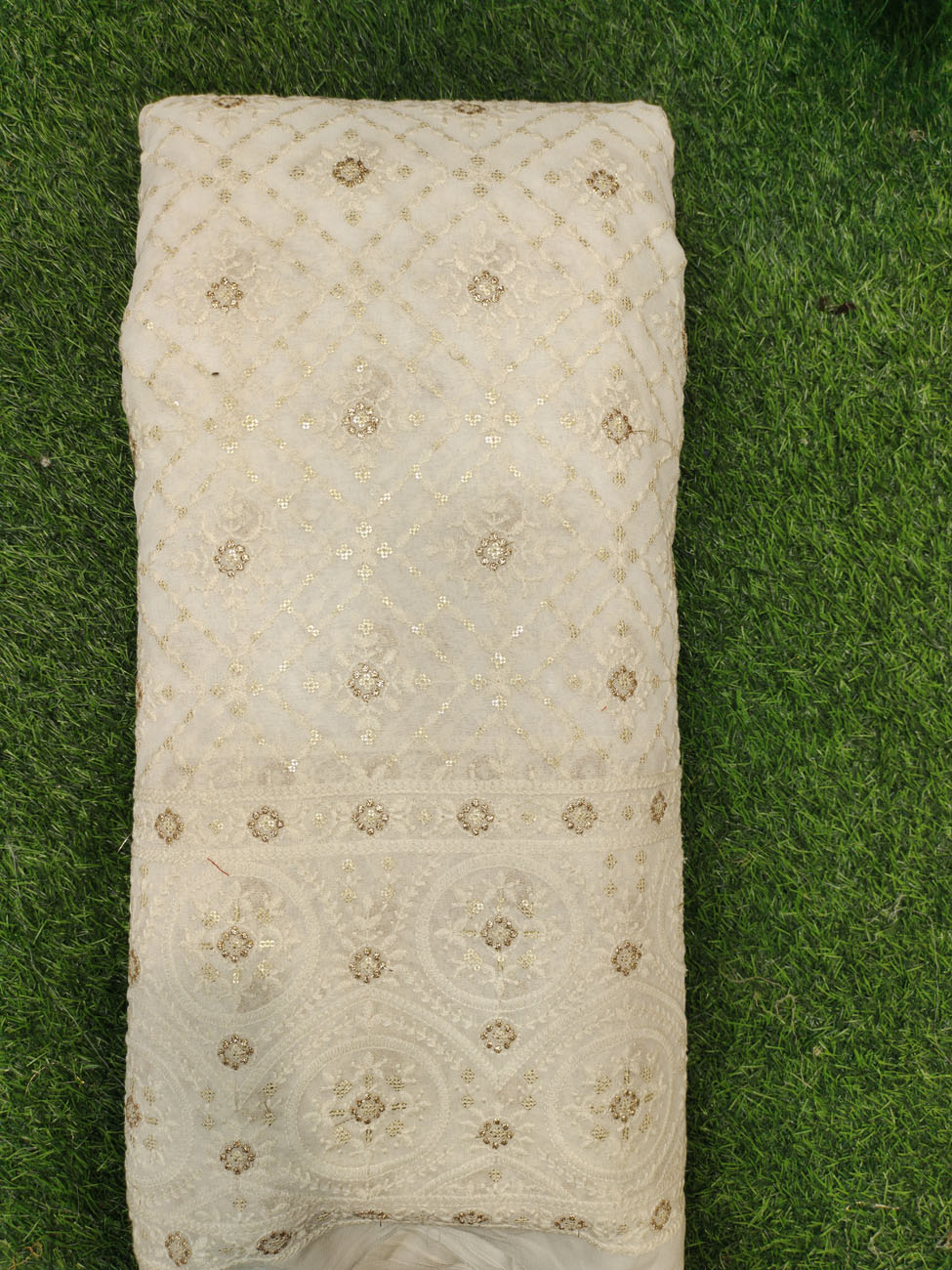 White Lakhnavi Fabric With Geo Lakhnavi Panel Work