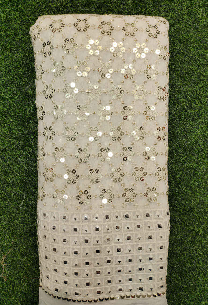 White Lakhnavi Fabric With Geo Lakhnavi Panel Work