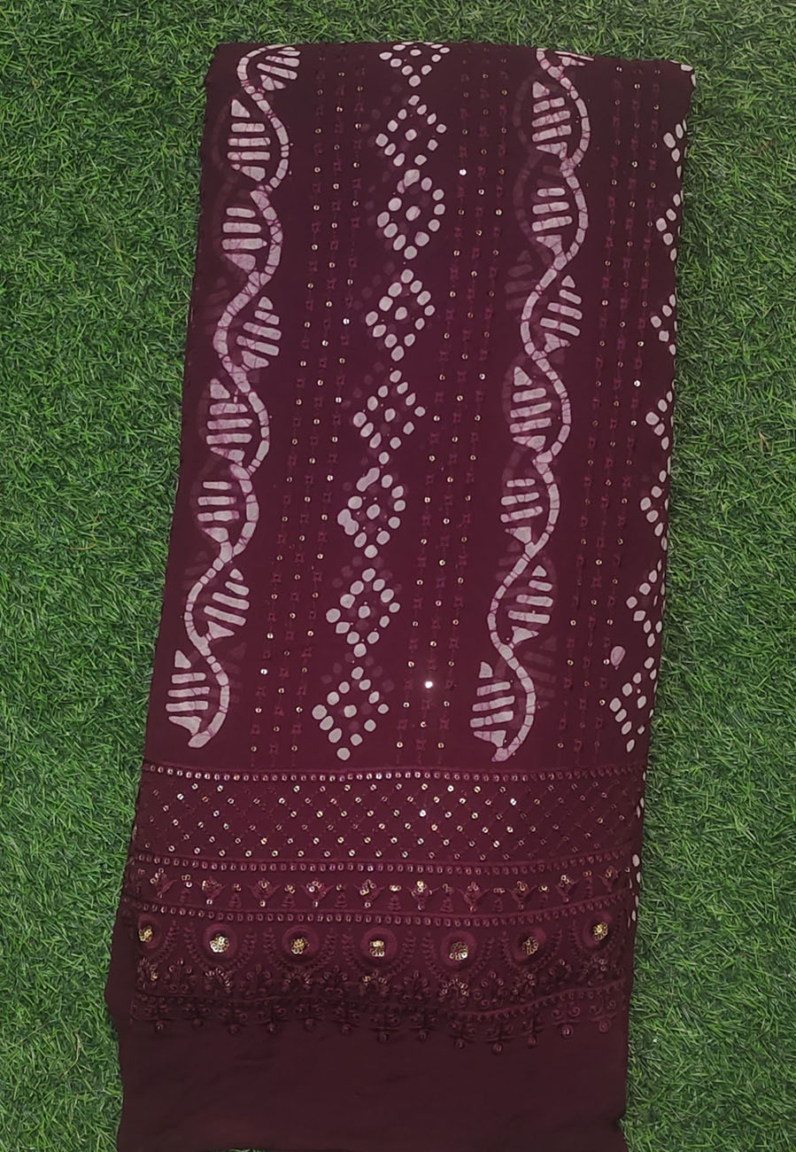 Maroon Lakhnavi Fabric With Geo Lakhnavi With Batik Work