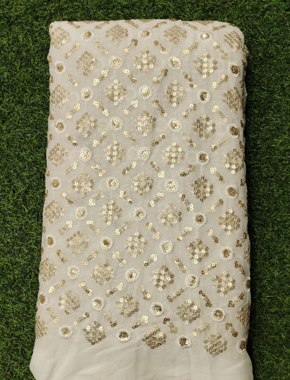 White Lakhnavi Fabric With Geo Lakhnavi Work