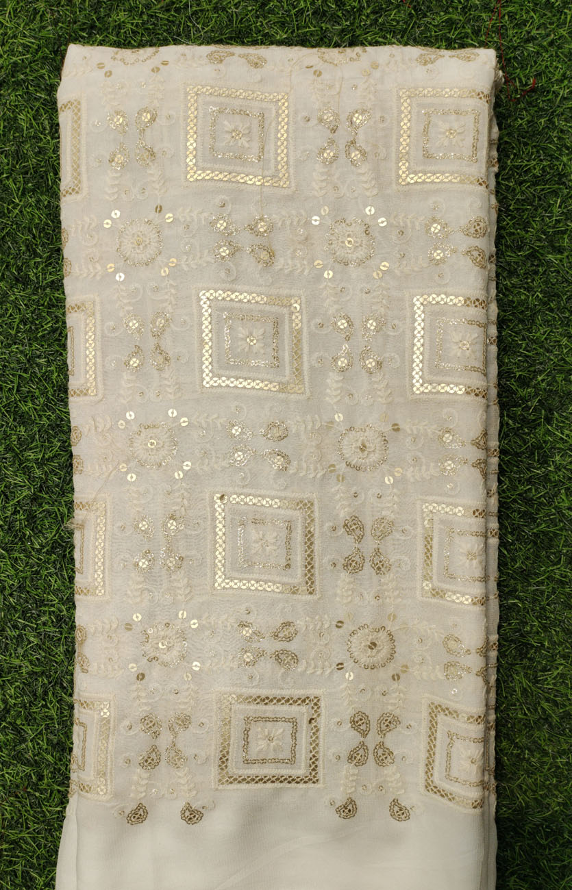 White Lakhnavi Fabric With Geo Lakhnavi Work