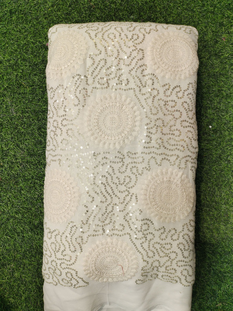 White Lakhnavi Fabric With Geo Lakhnavi Work