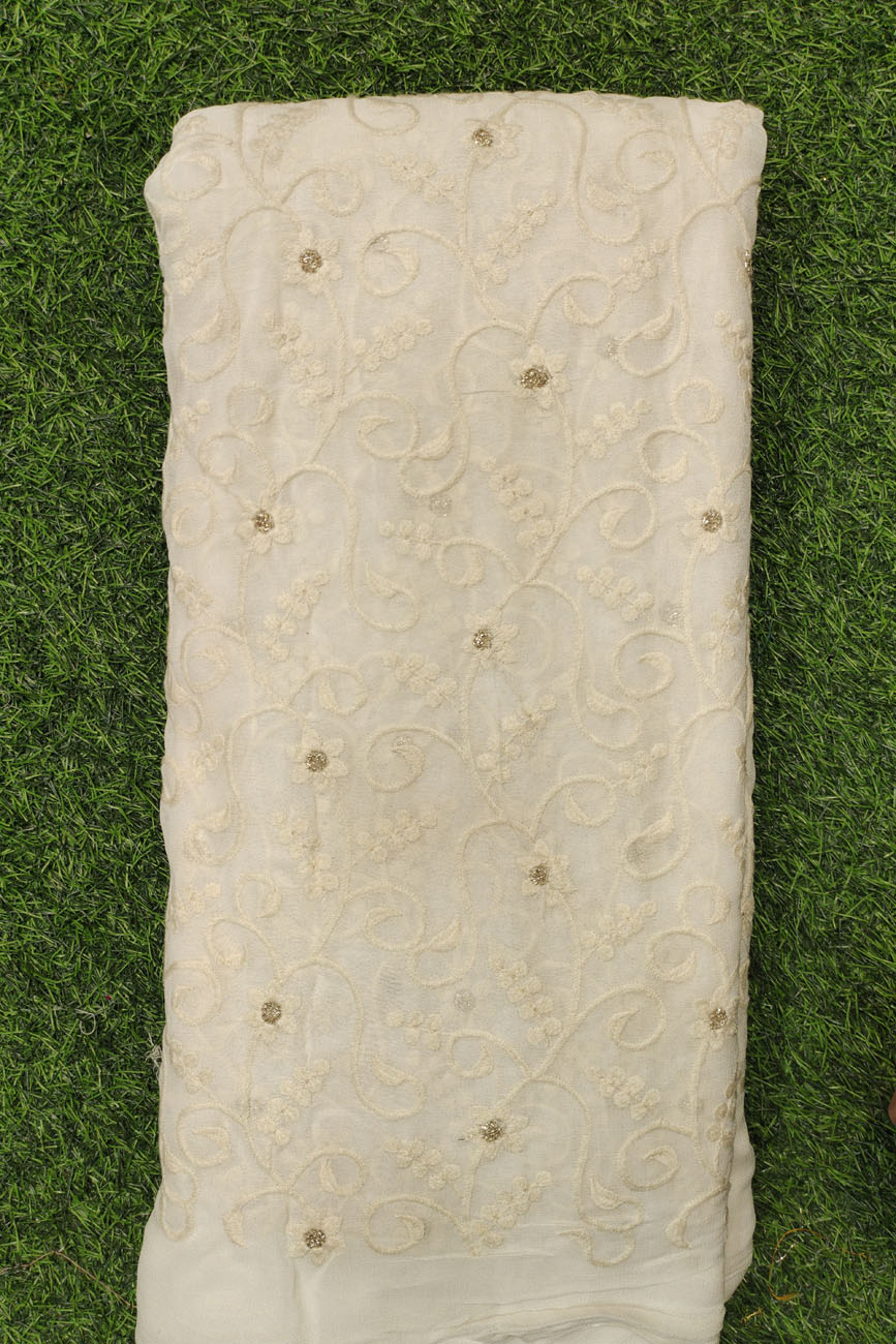 White Lakhnavi Fabric With Geo Lakhnavi Work