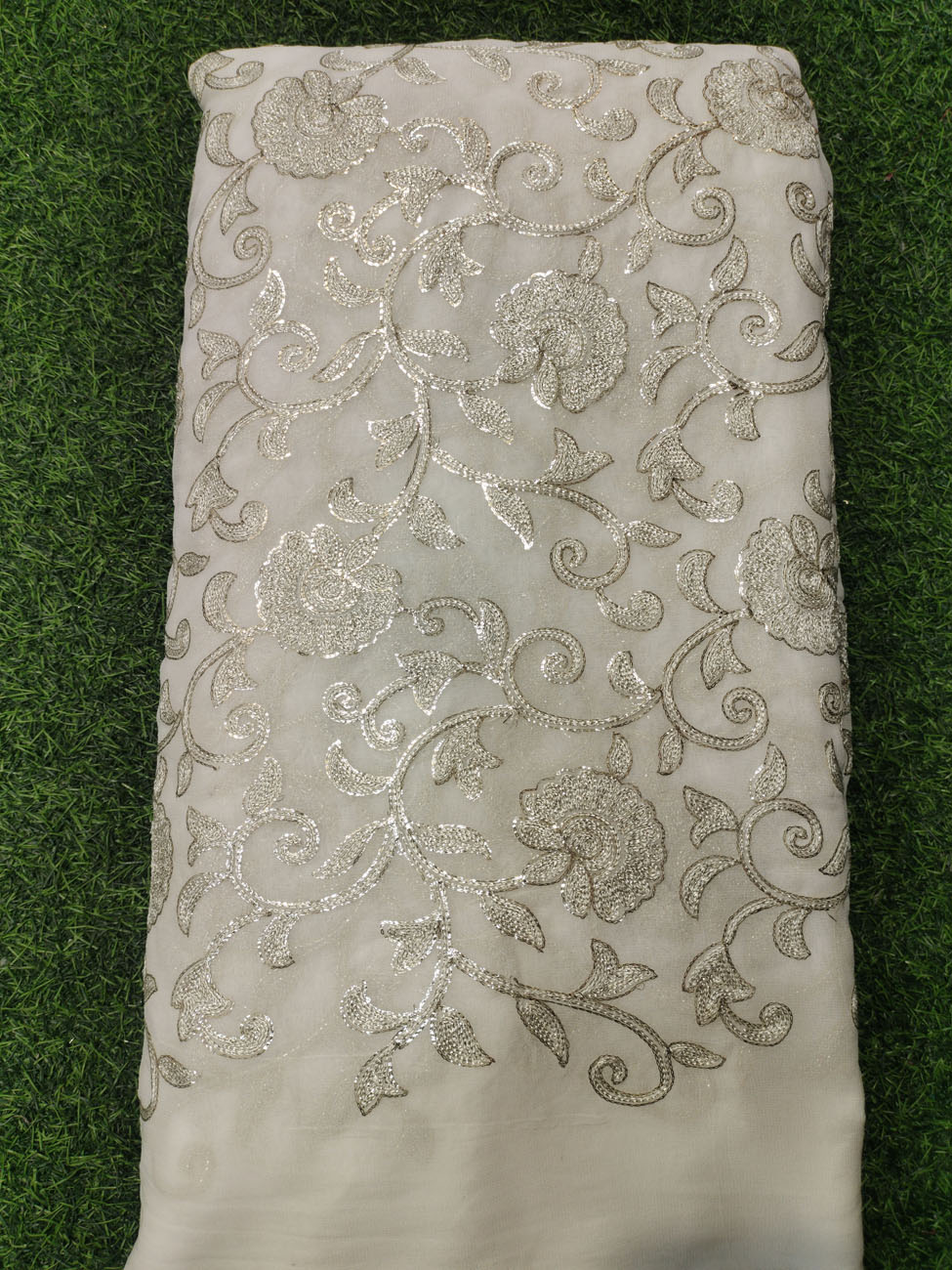 White Lakhnavi Fabric With Geo Lakhnavi Work