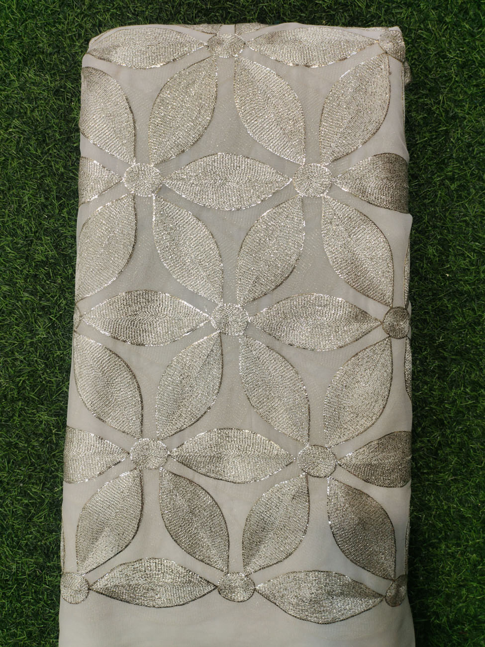 White Lakhnavi Fabric With Geo Lakhnavi Work