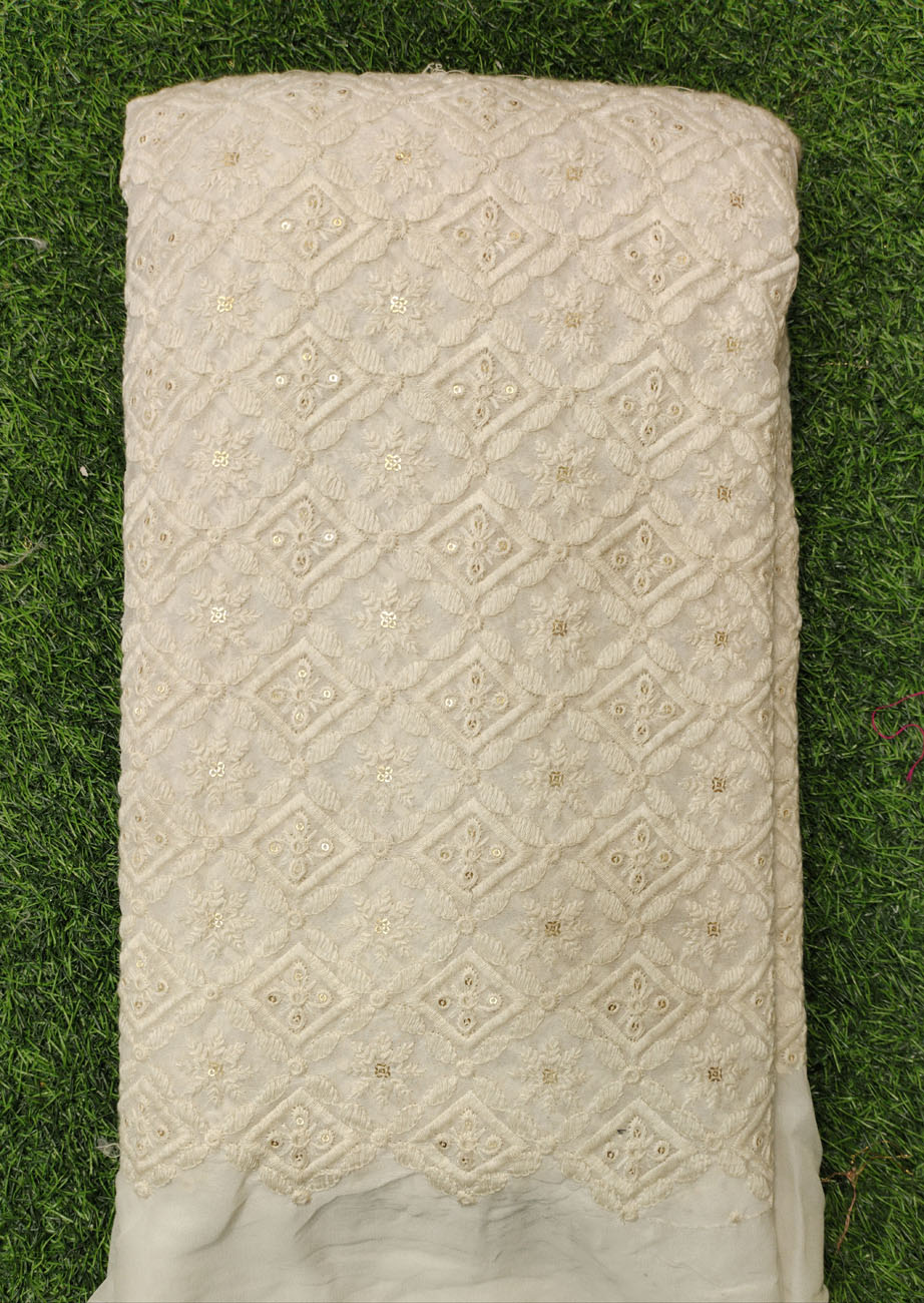 White Lakhnavi Fabric With Geo Lakhnavi Work