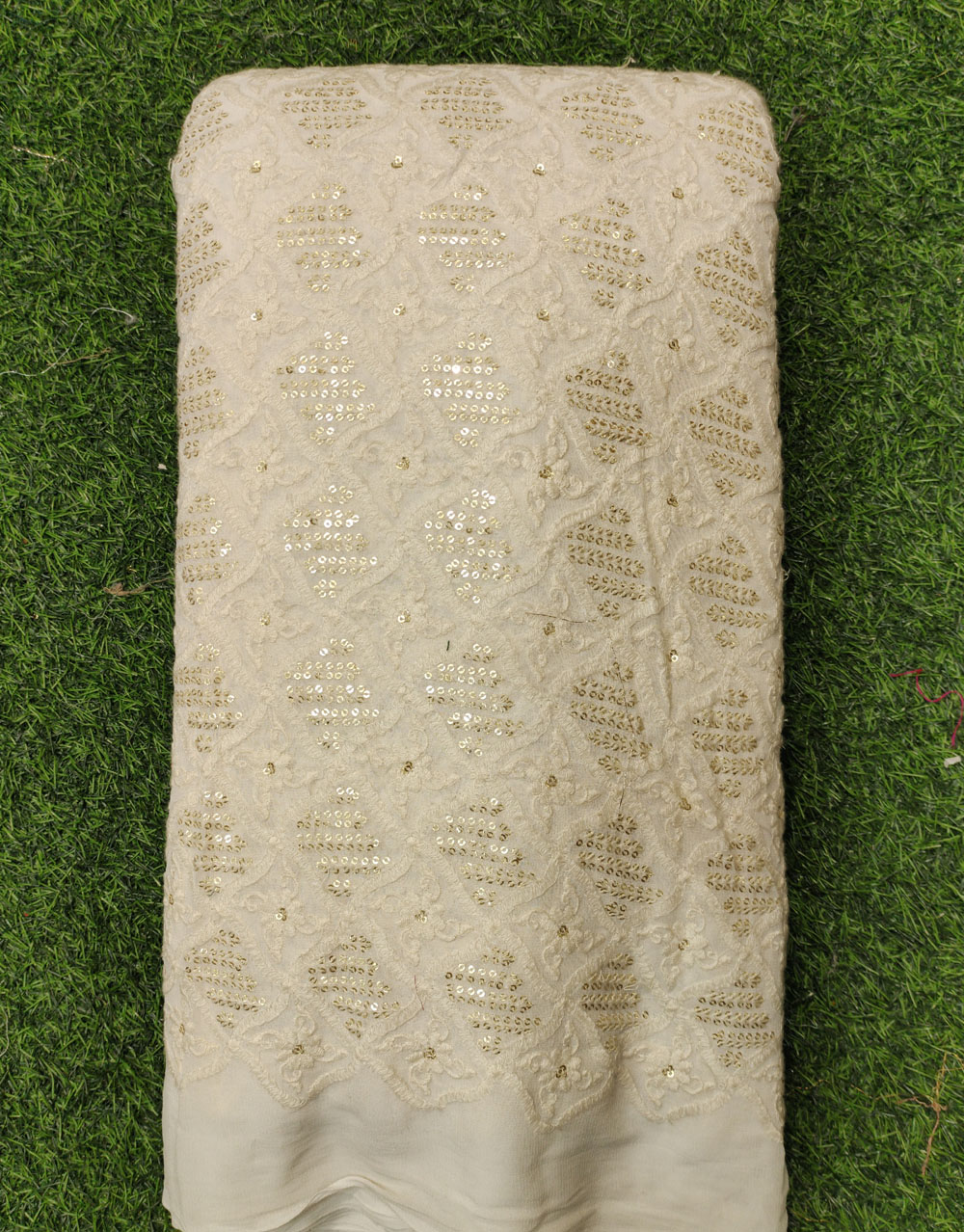 White Lakhnavi Fabric With Geo Lakhnavi Work