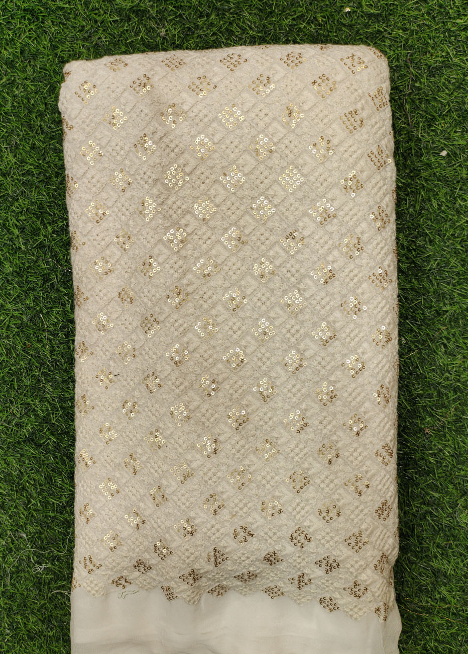 White Lakhnavi Fabric With Geo Lakhnavi Work